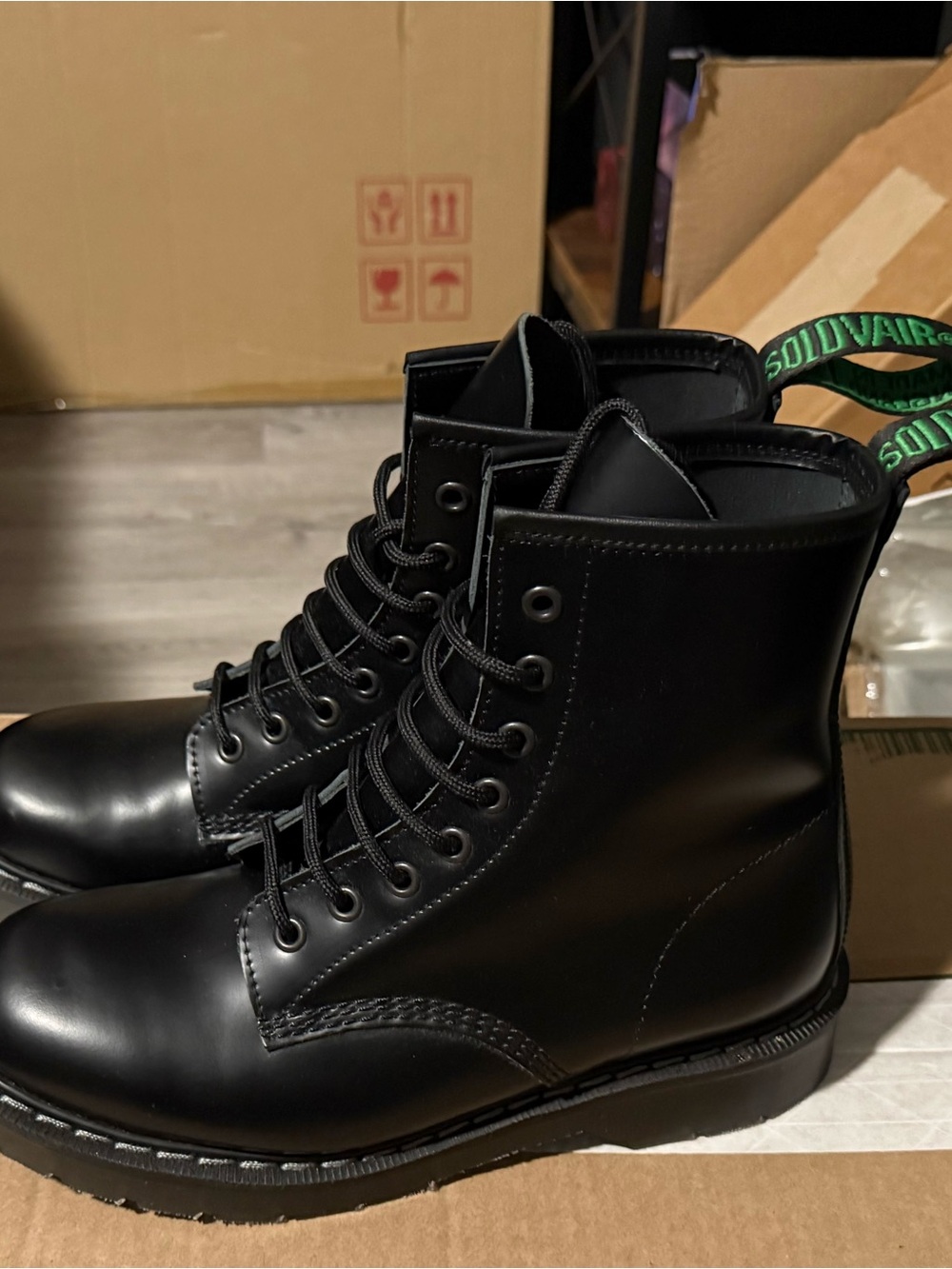 Solovair 8 Eye Black Leather Boots 6.5